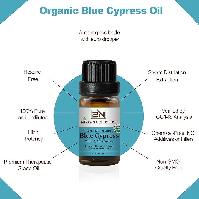 Blue Cypress Essential Oil, USDA Certified Organic, 100% Pure Undiluted, Aromatherapy Oil for Diffuser, Hair & Skin Care NirvanaNurture