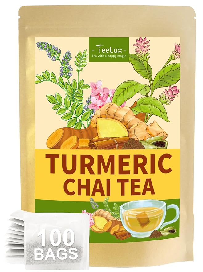 TeeLux Turmeric Chai Tea, Turmeric Tea with Licorice, Cinnamon, Ginger & Green Cardamom, Warming & Spicy Flavor, 100 Count - Bloomnest