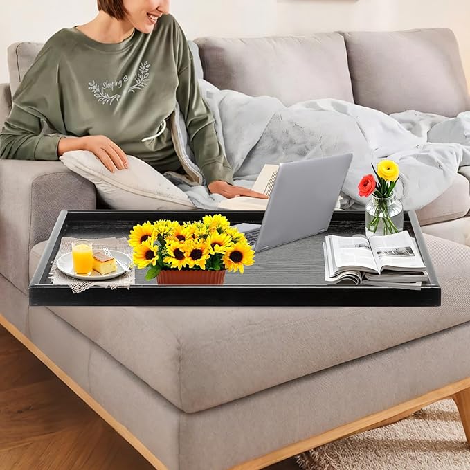 36 x 22 Inches Extra Large Solid Wood Serving Tray for Tea Coffee Table Snack Food Meals Serving Plate Kitchen Party Bar Breakfast Server with Raised Edges Black Wooden Decorative Ottoman Tray - Bloomnest