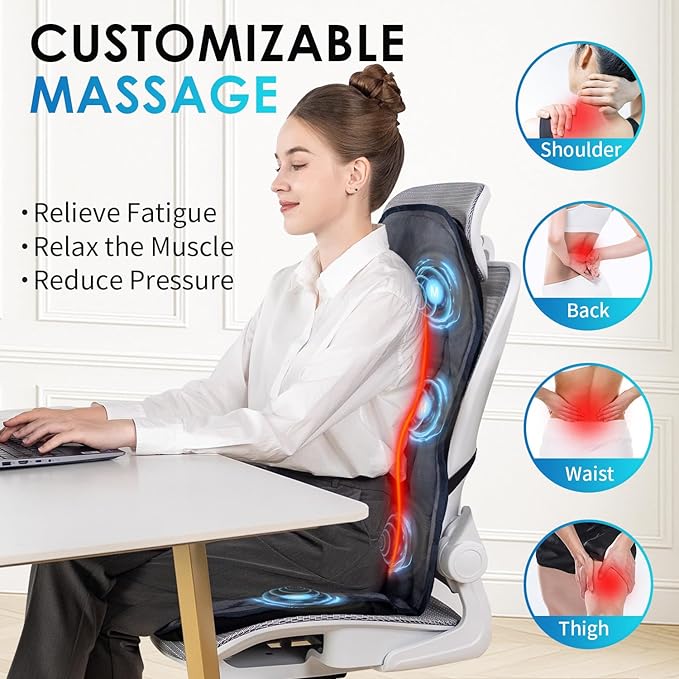 Back Massager with Soft Plush Fabric Cover, Massage Seat Cushion with 8 Vibration Motors & 2 Heating Levels, Chair Massager for Recliner, Office Chair, Sofa Use, Gifts for Dad Mom - Bloomnest