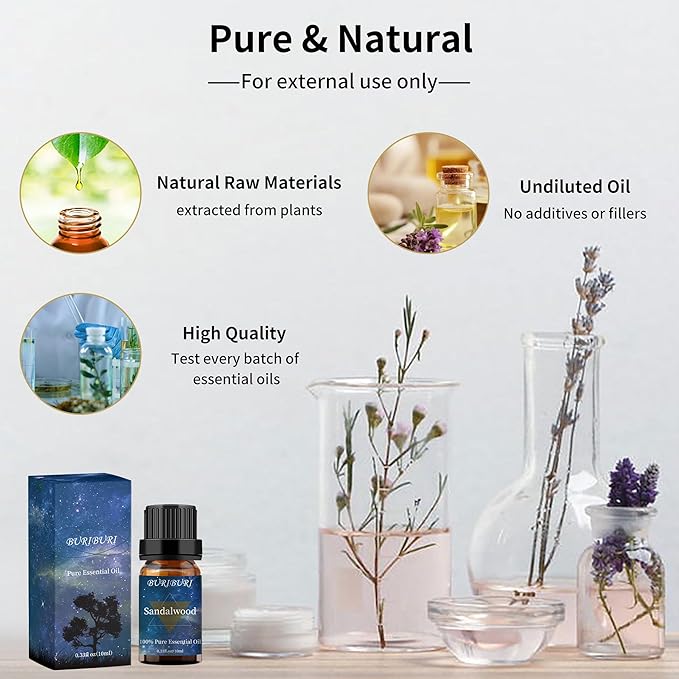 Sandalwood Essential Oil 2Pack for Massage, Diffuser, Humidifier - 100% Pure Sandalwood Oil 10ml BURIBURI
