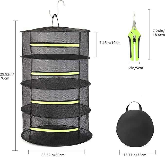 2ft 4-Layer Herb Drying Rack with Zipper, Collapsible Hanging Mesh Plant Dryer Net Basket with Garden Gloves, Pruning Scissors & Hook for Drying Seed, Bud, Hydroponic Plants - Bloomnest