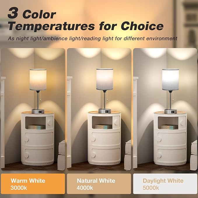Small Bedside Table lamp for Bedroom - 3 Color Temperatures Bedside Lamps with USB Ports for Housewarming, Pull Chain Table Lamps with AC Outlet, Nightstand Lamps for Kids Reading - Bloomnest