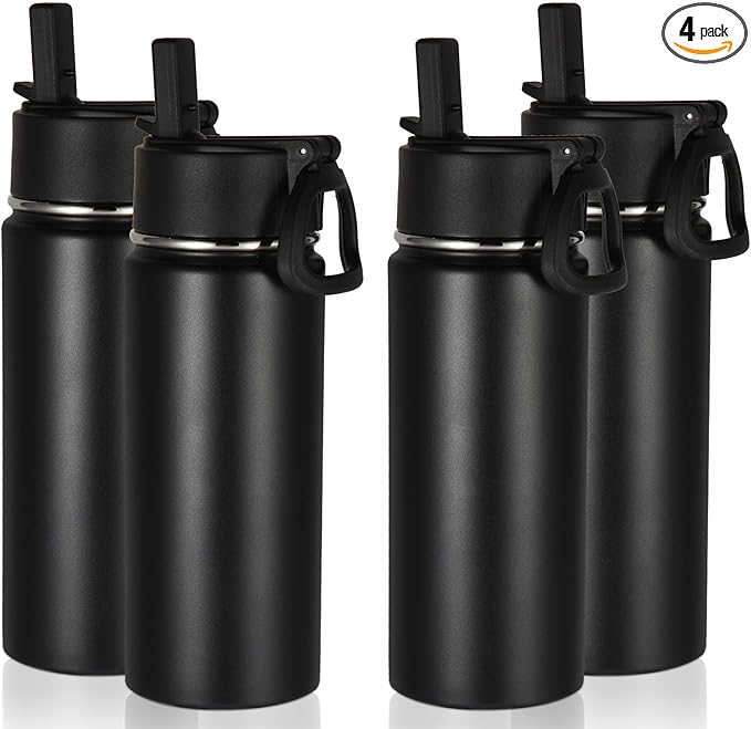 Volhoply 16 OZ Kids Water Bottle Bulk 4 Pack,Insulated Sports Bottles with Straw Lid,Stainless Steel Bottle with Handle Keep Cold & Hot,Double Wall Vacuum Tumbler Cups for School,Girls(Black, 4) - Bloomnest