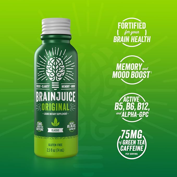 BrainJuice Focus & Energy Drink Shots, Nootropics with Alpha GPC, B Vitamins & Organic Green Tea Caffeine, Supports Focus, Memory & Clarity, Non-GMO, Gluten Free, Classic, 2.5 fl oz, 12 Pack - Bloomnest