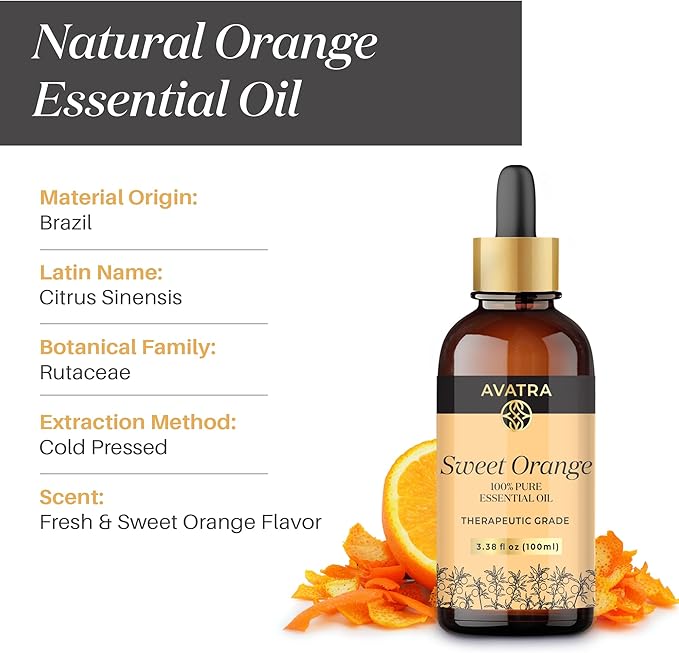 Avatra Brazilian Sweet Orange Essential Oil 100ml (3.38oz) - 100% Pure & Natural Orange Oil with Glass Dropper & Travel Bottle - Premium Essential Oil for Diffuser, Aromatherapy, Massage & DIY Candles - Bloomnest