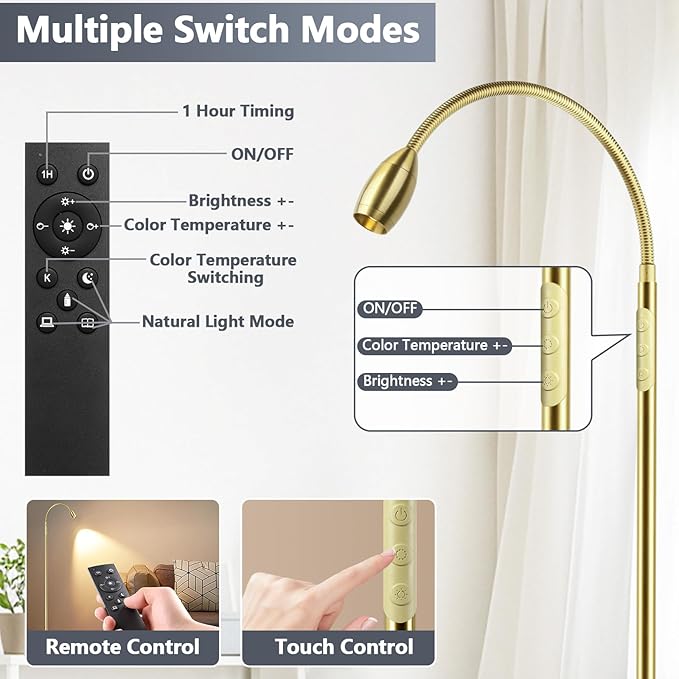 Reading Floor Lamp, 72" Tall LED Lamp with Flexible Gooseneck, Dimmable Zoomable Spotlight, Adjustable Color Beam Standing Lamp, Touch & Remote Control, Task Craft Bedroom Living Room (Antique Brass) - Bloomnest