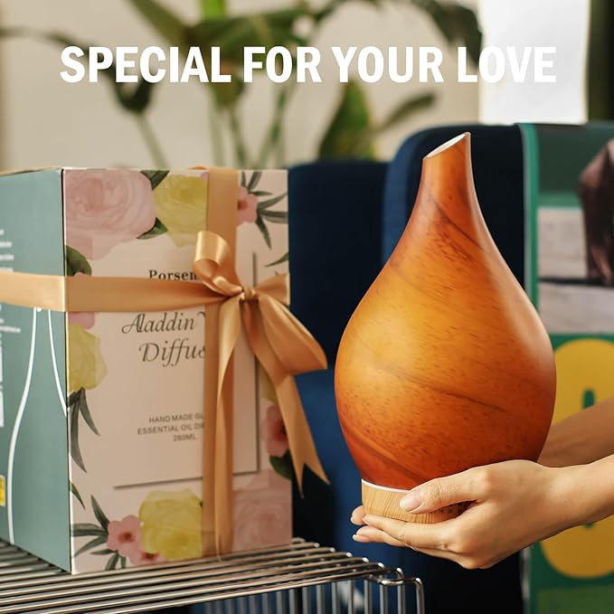 Porseme 280ml Essential Oil Diffuser Glass Color Changing Aroma Air Diffusers Aromatherapy Ultrasonic Cool Mist Humidifier 7 Running Hours Waterless Auto-Off for Sleeping Yoga Office Spa(Caramel) Porseme