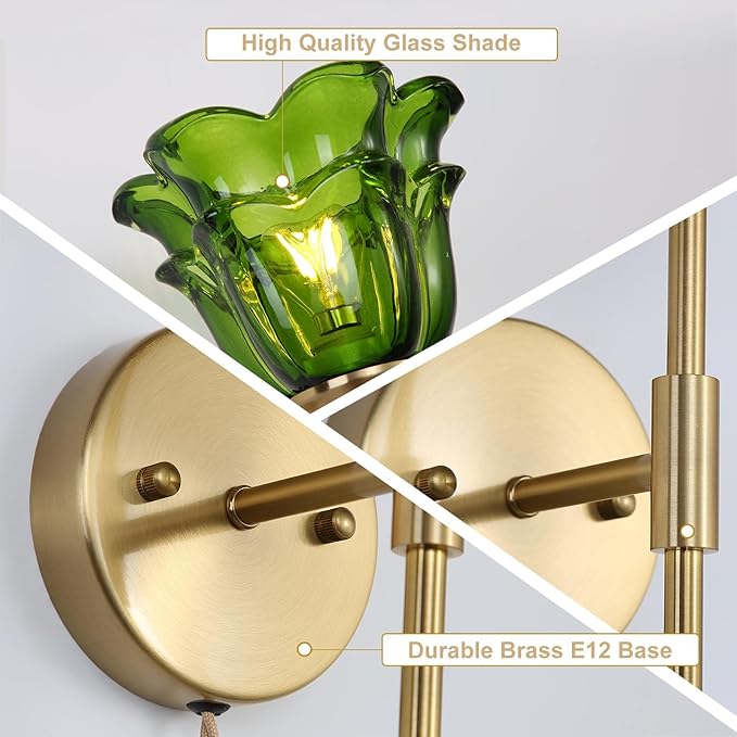 2 Pack Plug in Gold Wall Sconce with Green Glass Shades, Modern Mid Century Bathroom Vanity Wall Light Fixtures, Industrial Brushed Brass Wall Lamp, for Bedroom Mirror Living Room, ETL Listed - Bloomnest