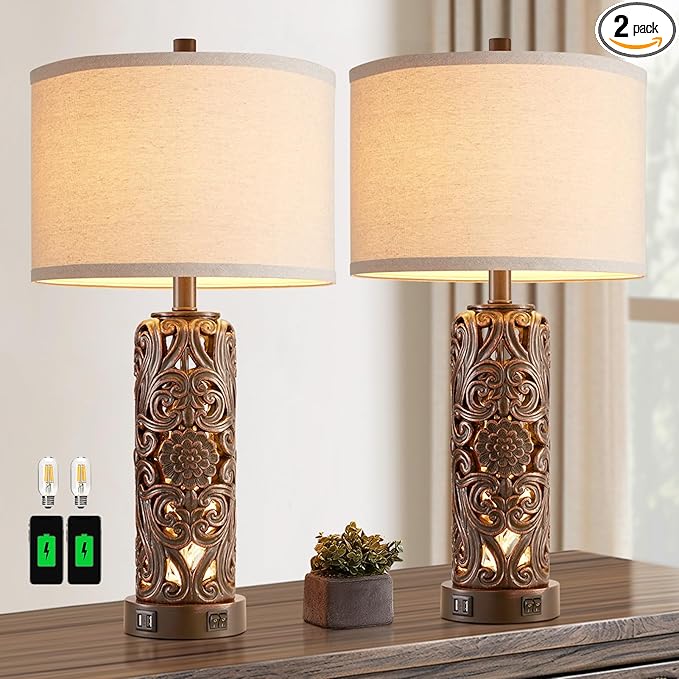 Farmhouse Table Lamps Set of 2, Vintage Lamp for Living Room and 2 USB Ports Bedside Lamp with Nightlight for Bedroom, Dark Brown Hollow Out Resin Nightstand Lamp, 2 Bulbs Included - Bloomnest
