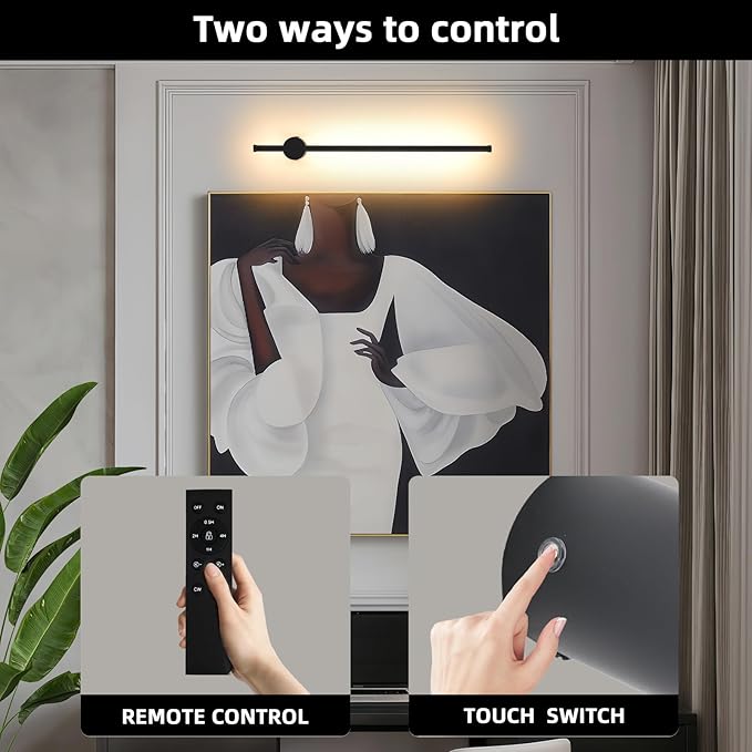 LED Wireless Wall Sconce with Remote Control, Dimmable/350° Rotate/Timing/USB Rechargeable Battery Powered Indoor Wall Lamps, 23.6 inch Black Wall Lights Set of Two for Hallway, Living Room, Bedroom - Bloomnest