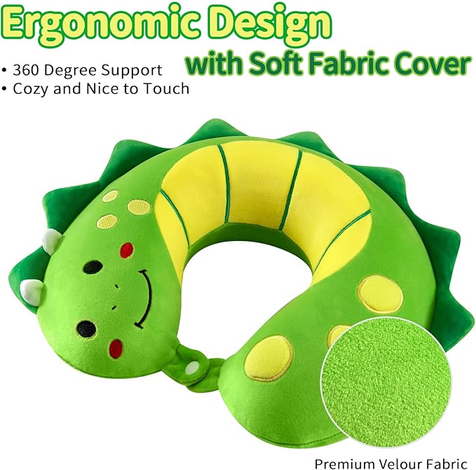 Travel Neck Pillow for Kids, Dinosaur Memory Foam Pillow with Cute Sleep Mask & Earplugs, Lightweight Travelling Pillow Set for Airplane, Car, Train, Bus and Home Use (Green) - Bloomnest