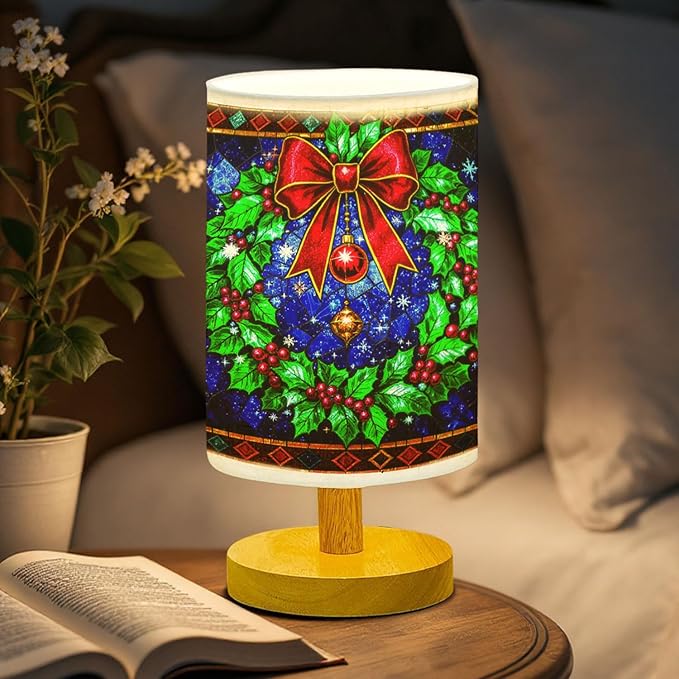 Christmas Wreath Table Lamp LED 3-Color Pressed Bedside for Merry Christmas, Christmas Wreath Shade Christmas Table Lamp with Wood Base for Bedroom Living Room Desk Office - Bloomnest
