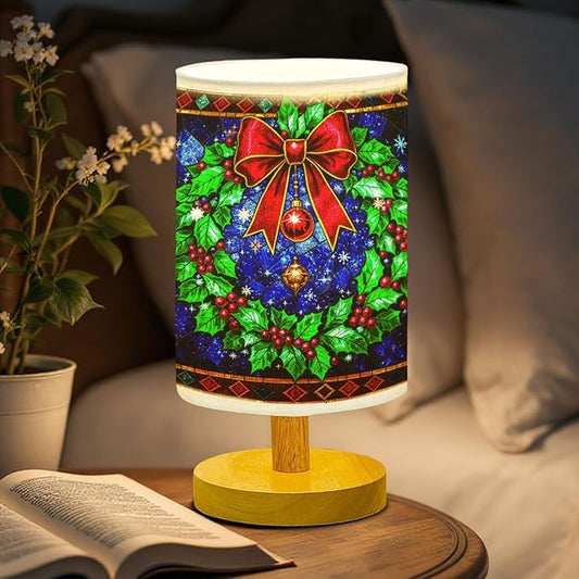 Christmas Wreath Table Lamp LED 3-Color Pressed Bedside for Merry Christmas, Christmas Wreath Shade Christmas Table Lamp with Wood Base for Bedroom Living Room Desk Office - Bloomnest