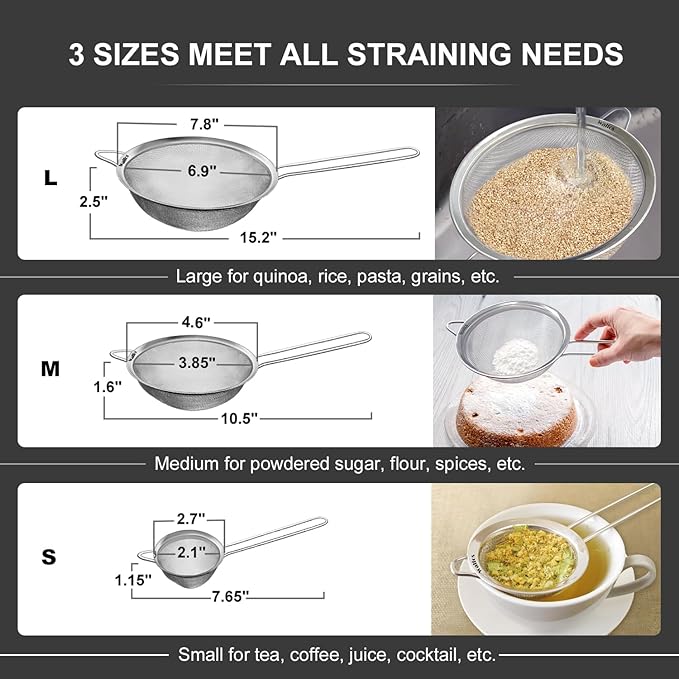 Walfos Fine Mesh Strainers Set, Premium Stainless Steel Colanders and Sifters, with Reinforced Frame Sturdy Handle, Perfect for Sift, Strain, Drain Rinse Vegetables, Pastas Tea - 3 Sizes - Bloomnest