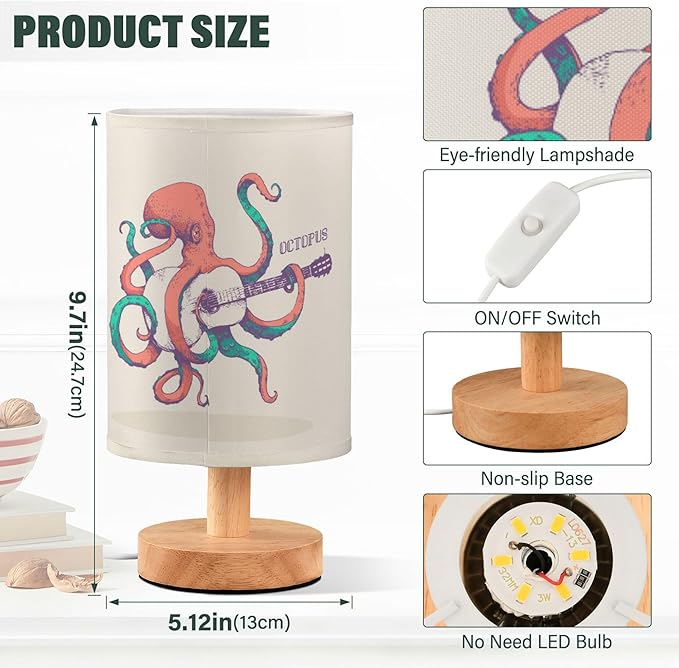 Table Lamp Vintage Octopus Play Guitar Ocean Marine Sea Life Design Nightstand Lamp with Wood Base Fabric Lamp Shade Bedside Desk Lamp for Living Room Bedroom Kids Room Office - Bloomnest