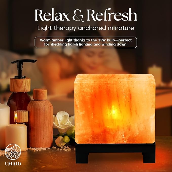 UMAID Himalayan Salt Lamp Rectangle, Natural Pink Rock Lamp on Modern Wood Base with Night Light Bulb and Dimmable Cord, Unique Home Decor, Zen Gifts, Perfect for Spa and Meditation Accessories - Bloomnest