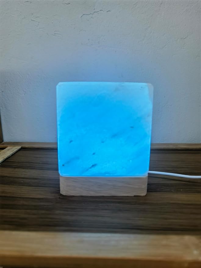 USB Colour Gradient Himalayan Salt lamp, Solid Wood Base Atmosphere Decoration Square Salt lamp with Remote Control, Natural Crystal Stone Bedside Night Light, Handmade Crafts.