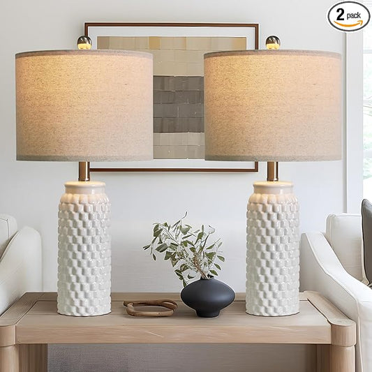 24" Modern Ceramic White Bedside Lamp Set of 2 Table Lamp for Bedroom Decor Farmhouse Table Lamp for Living Room Office Dorm - Bloomnest