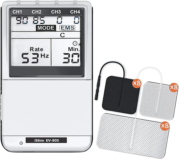 iSTIM EV-805 TENS EMS 4 Channel Rechargeable Combo Machine Unit - Muscle Stimulator + Back Pain Relief and Management- 24 Programs/Backlit (Including Electrodes Pads) iSTIM