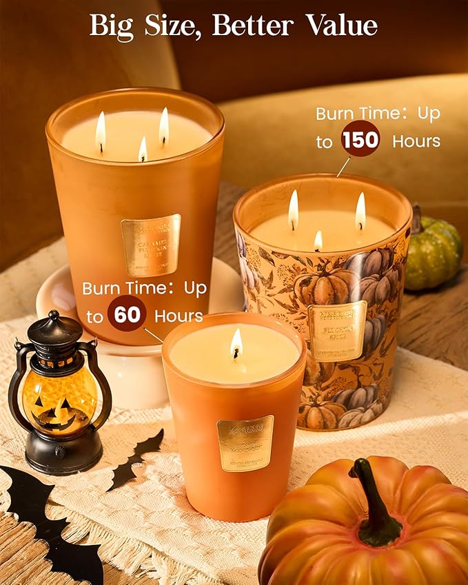 M&SENSE Large Candles Caramel Pumpkin Latte Scented, 3 Wick Natural Soy Candles for Home Scented, 150H Long Lasting Slow Burn Jar 35oz, Home Fragrance Halloween Thanksgiving Christmas Gifts - Bloomnest