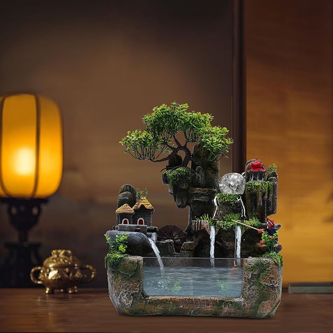 Waterfall Fountain Indoor Mini Waterfall with Led Lights & Atomizer Indoor Fountains and Waterfalls Table Top Water Fountain for Office, Home, Bedroom Desk Decor (Flowing Water & Fishbowl)