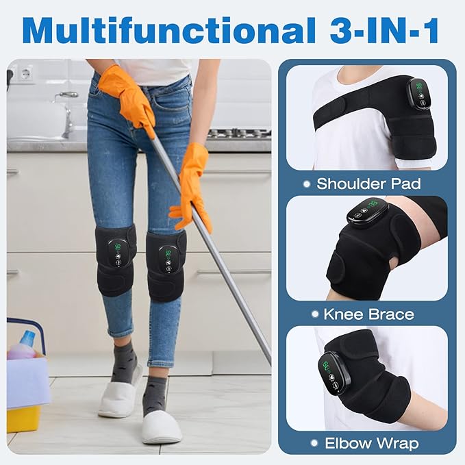 Knee Massager with Heat and Vibration, Cordless Knee Heating Pad Shoulder Brace, Heated Knee Elbow Shoulder Brace Wrap for Arthritis (Pack of 2 Black) - Bloomnest