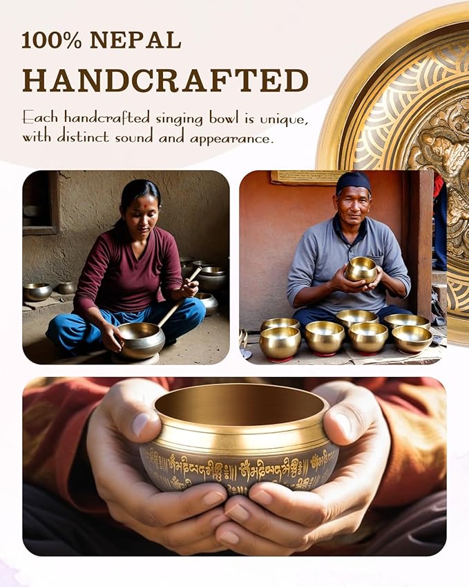 Tibetan Singing Bowls, Authentic Meditation Sound Bowls Handcrafted in Nepal for Yoga, Chakra Healing, Mindfulness, Self Care Spiritual Gifts for Women