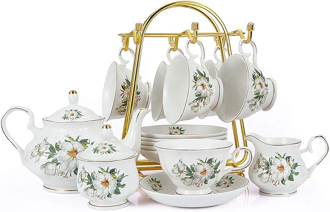 CHENP.HMC Porcelain Tea Set Tea Cup Set 22-Piece Porcelain Ceramic Coffee Tea Gift Sets Cups Saucer Service for 6 Teapot Sugar Bowl Creamer Pitcher and Teaspoons tea pot sets(Camellia) - Bloomnest