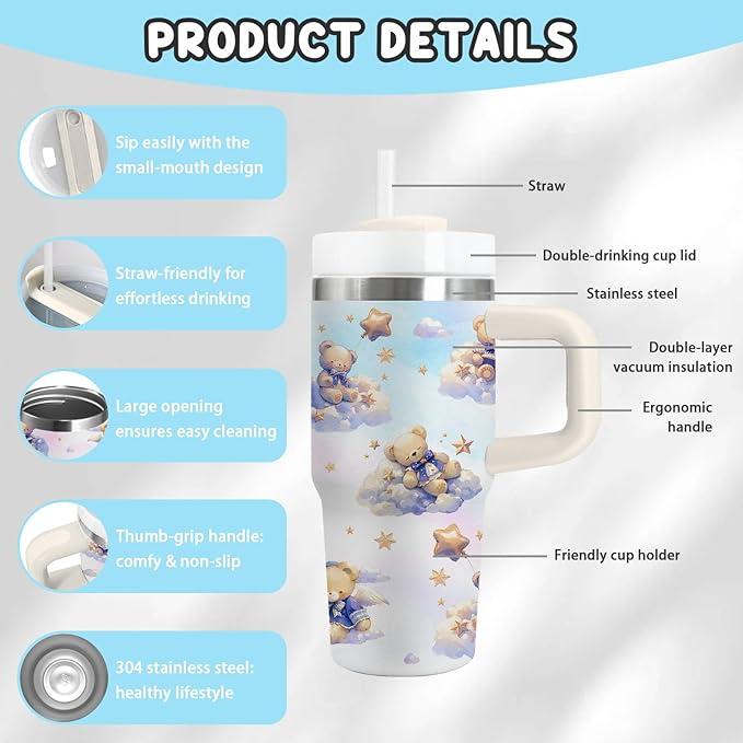 Bear Gifts - 14 Oz Cartoon Kids Tumbler with Handle and Straw, Stainless Steel Insulated Water Bottle,for Boys Girls, School, Travel - Cute Bear Themed Children Birthday Gift Cup(1pc) - Bloomnest