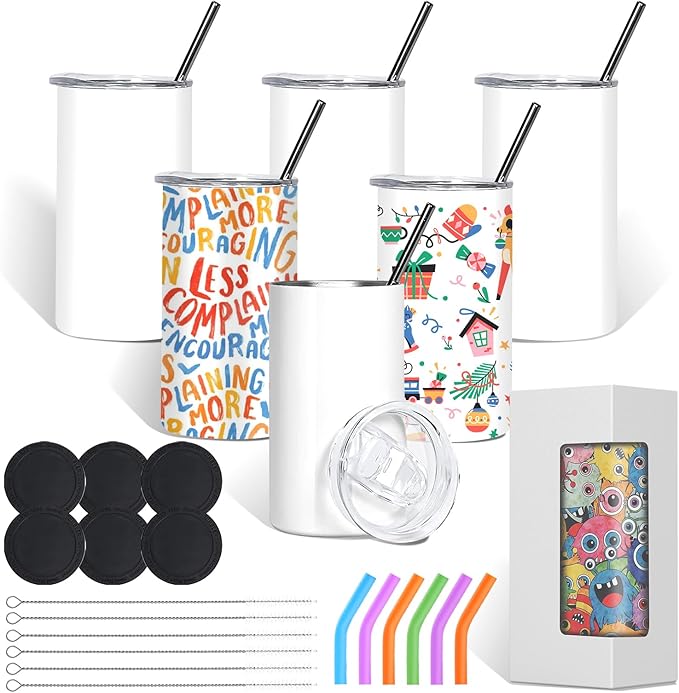 BetterSub 6 Pcs 15 oz Double Wall Insulated Stainless Steel Sublimation Blanks Tumblers White with Lid, Metal Straw, Brush, Display Box for Home, Travel - Bloomnest