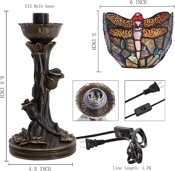 Small Tiffany Lamp Mini Stained Glass Table Lamp Blue Dragonfly Accent Desk Uplight W6 H13.5 Inch Bronze Resin Base - Bloomnest