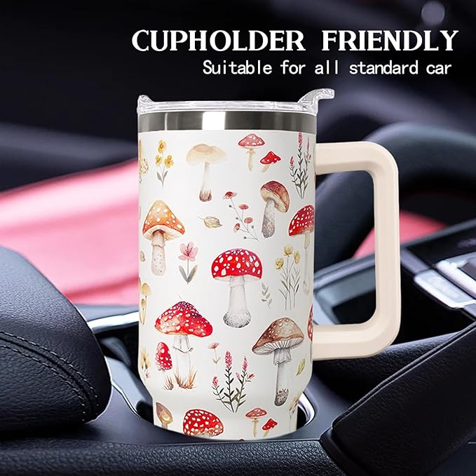 Ceovfoi 40 Oz Mushroom Stainless Steel Coffee Travel Mug Cup Water Bottle Tumbler with Handle Lid and Straw,Mushroom Decor,Mushroom Gifts for Women - Bloomnest