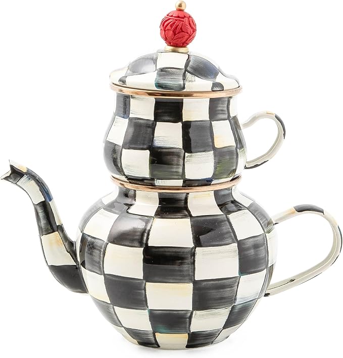 MACKENZIE-CHILDS Enamel High-Tea Teapot, Cup, and Lid, Cute Teapot and Teacup Combo, Black-and-White Courtly Check - Bloomnest