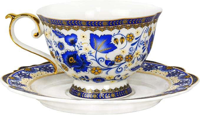 ACMLIFE Bone China Tea Cups and Saucers, 6.8 oz Tea Cup and Saucer Set, with Gold Trim and Gift Box, Blue and White (Blue-D) - Bloomnest