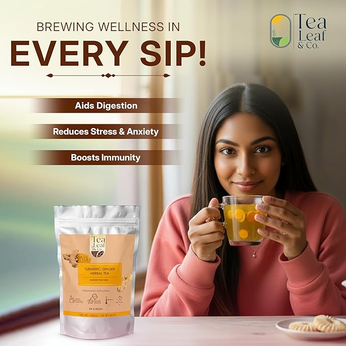 Tealeaf & Co. Turmeric Ginger Herbal Tea - Organic Ginger Turmeric Tea Bags with Fresh Herbs and Spices - Low Caffeine & Gluten Free - 100 Teabags (7.055oz/200gm) - Bloomnest