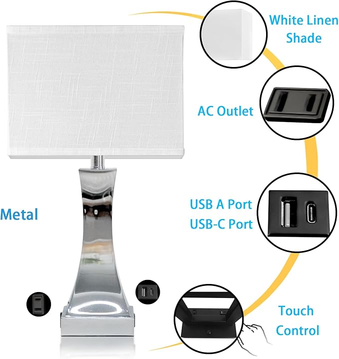 Table Lamp for Bedroom 3-Way Dimmable Touch Control Chrome Bedside Lamp with USB A+C Port & AC Outlet 21.6" Tall Nightstand Lamp for Living Room Office and Hotel Bulb Included - Bloomnest