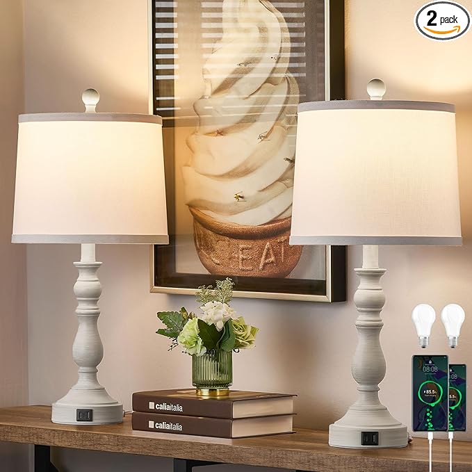 23'' Farmhouse Table Lamps for Living Room Set of 2 with USB C+A Ports, Retro Bedside Lamp for Bedroom, Office, Dining Room, Knob Switch, 3 Color Temperatures, Bulb Included, Beige - Bloomnest