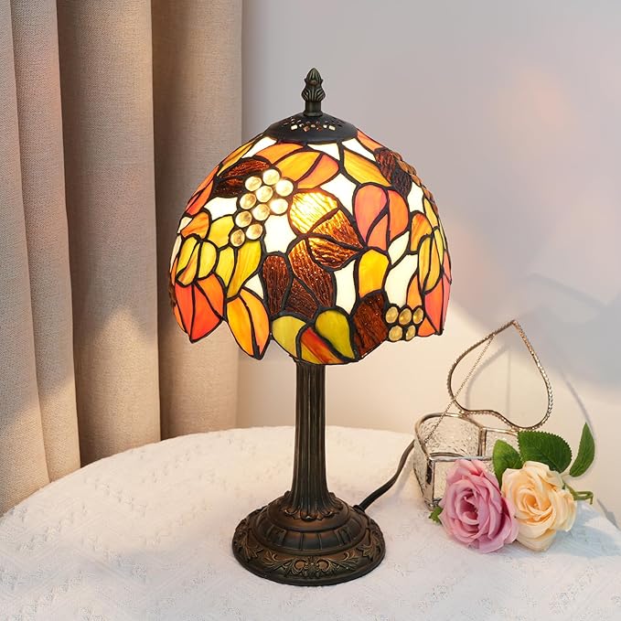 Tiffany Stained Glass Table Lamp, 8-Inch Retro Brown Maple Leaf Design Lovely Bedside Lamp, Suitable for Bedroom, Restaurant, Cafe and Other Furniture Decoration - Bloomnest