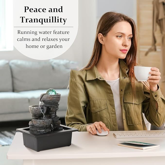 Crystal Ball Tabletop Water Fountain with LED Lights - 3-Tier Indoor Waterfall Feature for Relaxation, Natural Humidifier for Home and Office Decor, 10''X9''X6.9
