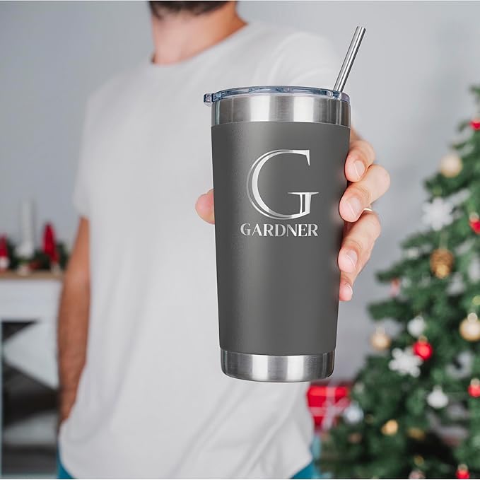 Personalized Tumbler with Engraved Name - 12 Designs, 30 Oz Coffee Tumbler with Slider Lid, Gray, Double Wall Insulated - Custom Gifts for Him & Her - Bloomnest