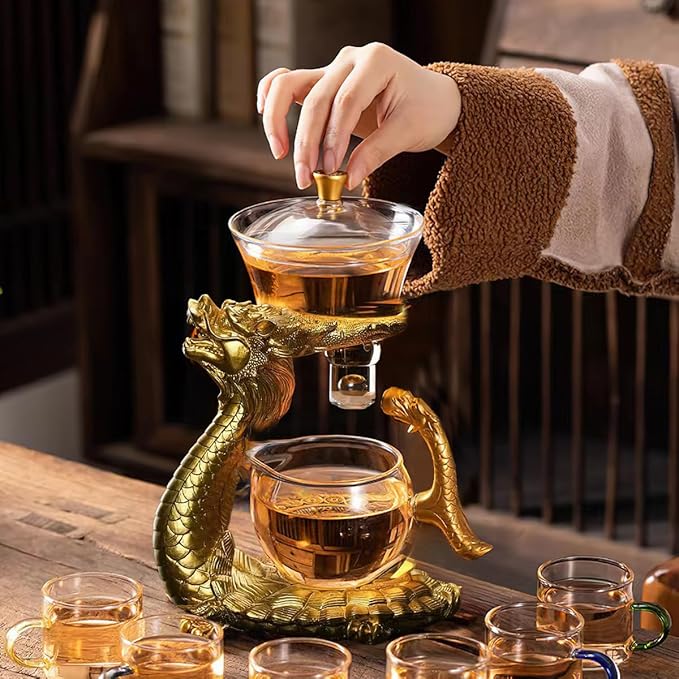 Glass Magnetic Tea Pot,Lazy Kungfu Drip Teapot with Infuser,Magnetic Water Diversion Rotating Cover Bowl Semi-Automatic Glass Teapot,Heat Resistant Kungfu Tea Set Coffee Set