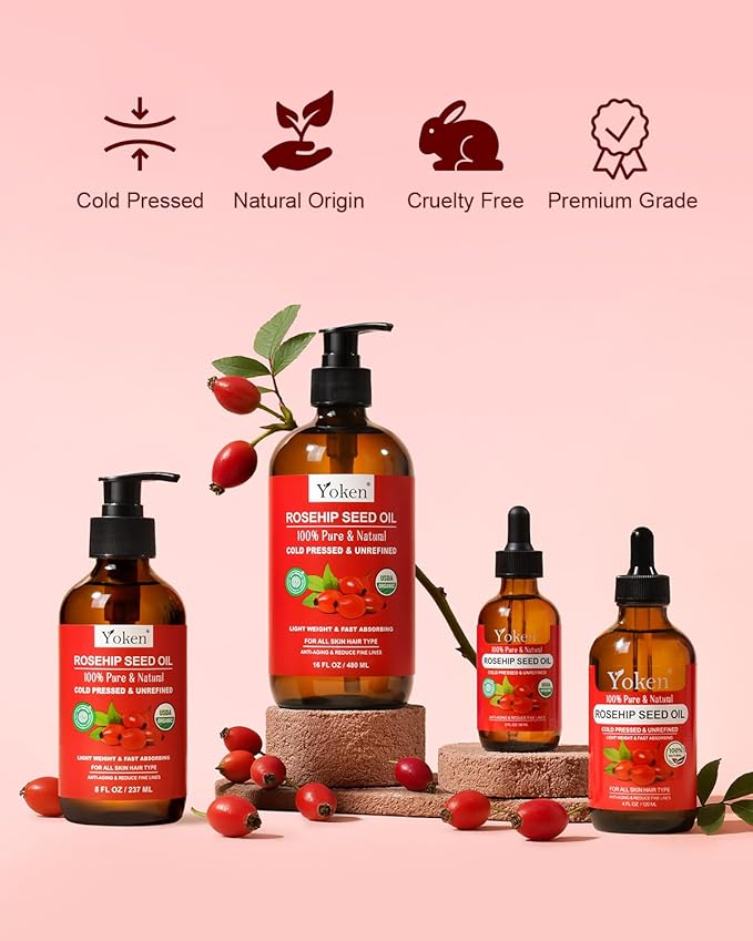 Organic Rosehip Seed Oil, USDA 100% Pure Rosehip Oils for Face, Hair & Body, Large Glass Bottle 16 fl oz Cold Pressed Rose Hip Oil for Skin Care, Moisturizing, Massage, Gua Sha & DIY Blends - Bloomnest