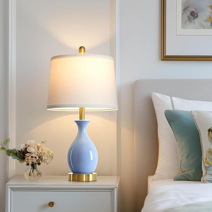 24″ Light Blue Ceramic Table Lamps Set of 2, Modern Classic Bedside Lamps for Bedroom Nightstand, Small Table Lamp for Living Room Side Table (2 LED Bulbs Included) - Bloomnest
