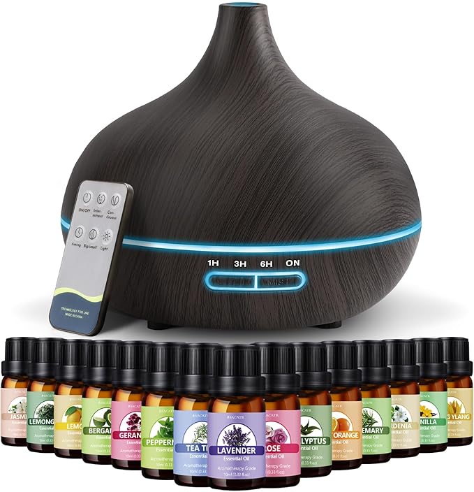 SACATR 550ml Oil Diffuser with 15x10mL Essential Oils, Ultrasonic Technology, Remote Control for Home Office - Bloomnest