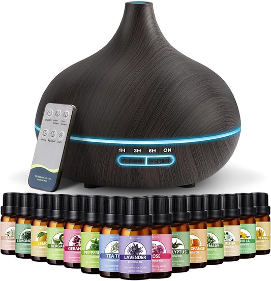 SACATR 550ml Oil Diffuser with 15x10mL Essential Oils, Ultrasonic Technology, Remote Control for Home Office - Bloomnest
