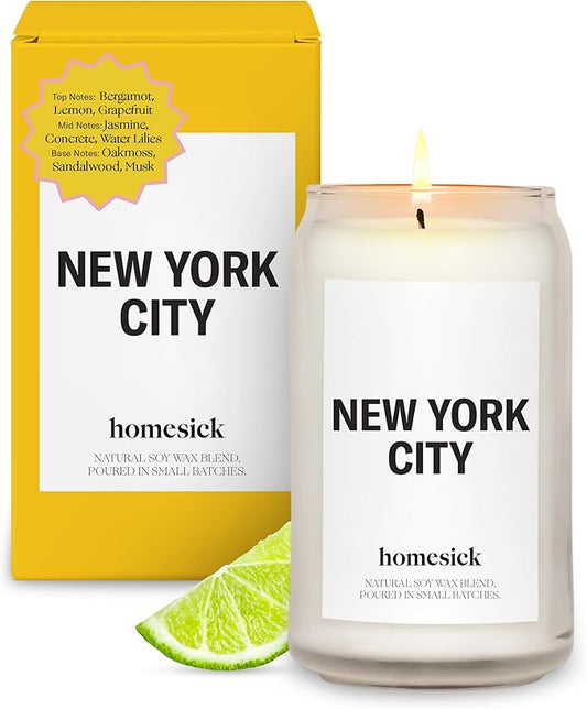 Homesick Scented Candles for Home (New York City) - 13.75 oz Long-Lasting Soy Wax Jar Candle for Women & Men for All Occasions, 60-80 Hours Burn Time - Notes of Lemon, Grapefruit & Jasmine - Bloomnest