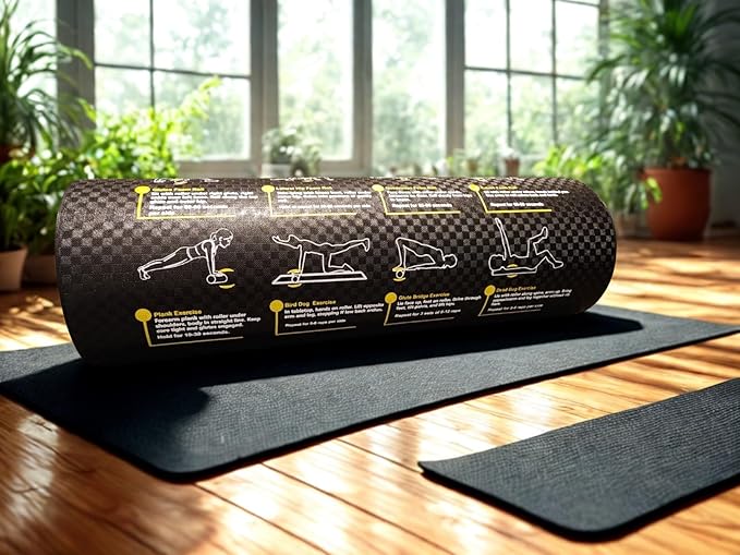 Fitness Foam Roller with Printed Exercises - 17''x 6'' Lightweight EPE/PE Exercise Roller Foam - Includes 12 Guided Stability, Mobility & Recovery Moves - Dual Color Instructional Design - Bloomnest