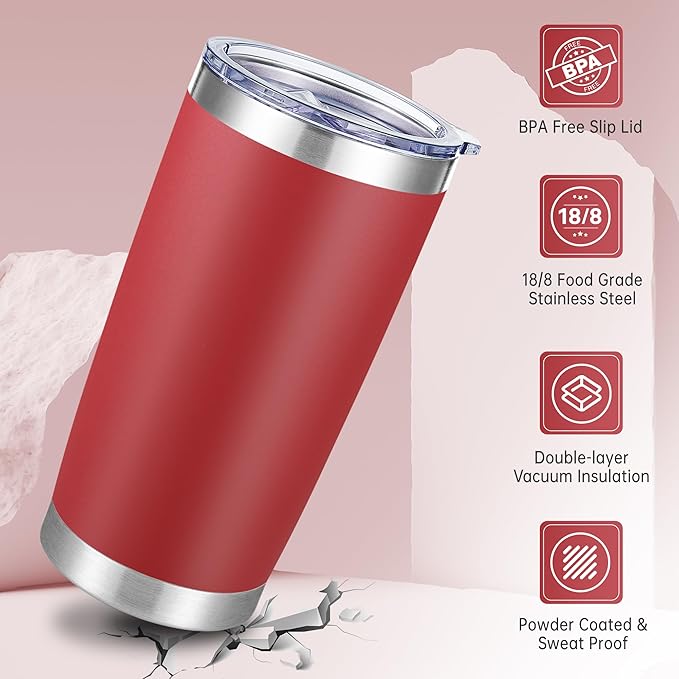 20 oz Tumblers Bulk Stainless Steel Tumbler with Lid Double Wall Vacuum Insulated Coffee Mug 20oz Powder Coated Cup for Hot and Cold Drinks, Red, 6 pack - Bloomnest