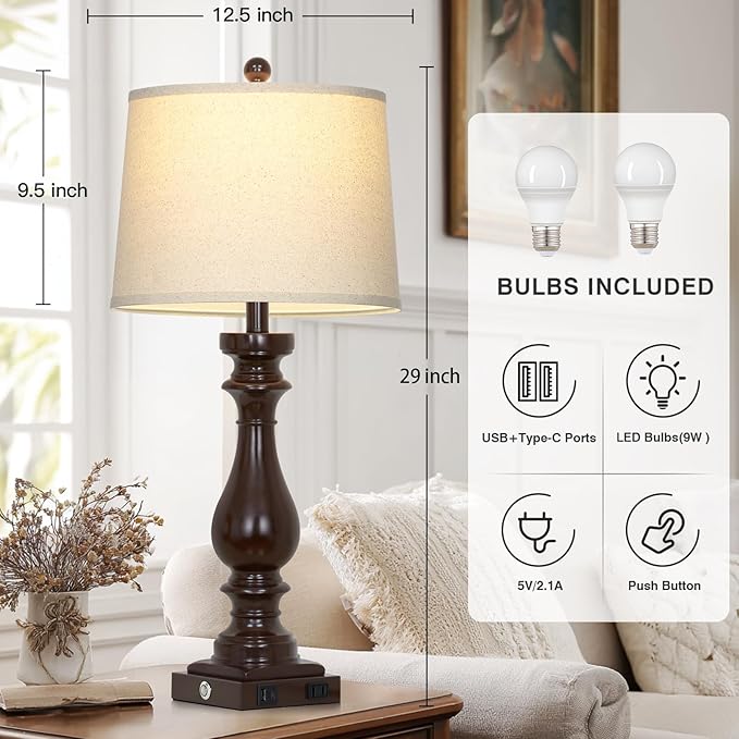29" Tall Farmhouse Table Lamp for Living Room Set of 2,Vintage Retro Nightstand Lamps with USB C+A Ports & AC Outlet,3-Way Dimmable Touch Bedside Lamp for Bedroom Side Table,Dark Brown - Bloomnest